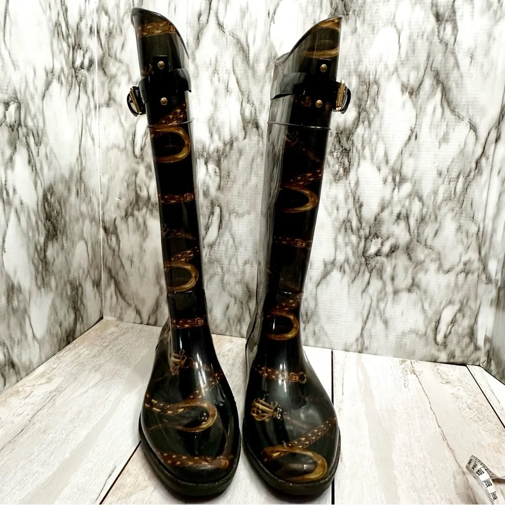 Ralph Lauren Black Gold Chain Horse Tack Pattern Rubber Rain Boots Farmcore